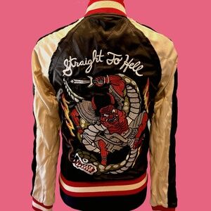 NWT Straight to Hell Black and Blue Souvenir Reversible Satin Jacket